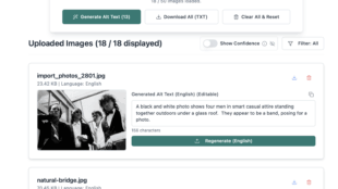 AI Alt Text Generator after alt text has been generated. Two image cards are shown with populated alt text fields. For 'import_photos_2801.jpg', alt text describes 'four men in smart casual attire.' For 'natural-bridge.jpg', it describes 'a paved walkway lined with stone walls.' 'Regenerate' buttons are visible.